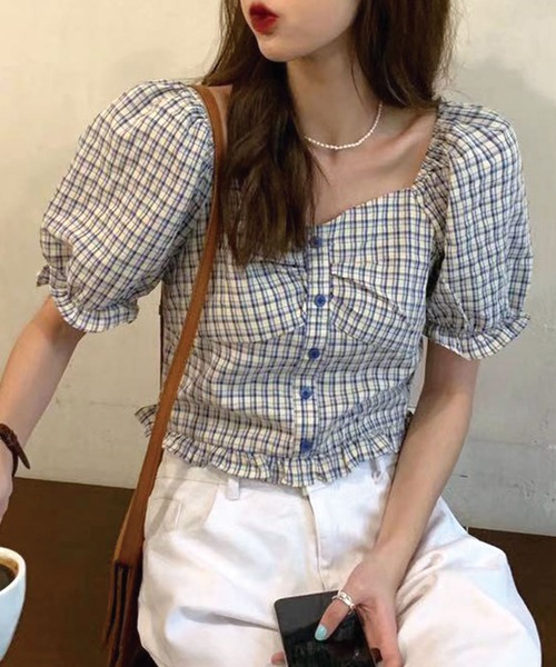 SPIGA(スピーガ)の「キャンディスリーブチェック柄ブラウス(シャツ/ブラウス・レディース・ベージュ/ブルー/グリーン・FREE)」の3枚目の写真