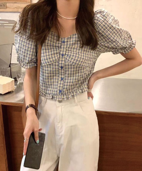 SPIGA(スピーガ)の「キャンディスリーブチェック柄ブラウス(シャツ/ブラウス・レディース・ベージュ/ブルー/グリーン・FREE)」の7枚目の写真