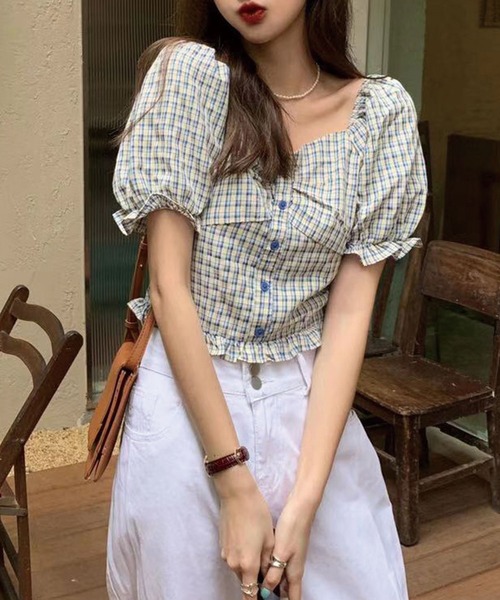 SPIGA(スピーガ)の「キャンディスリーブチェック柄ブラウス(シャツ/ブラウス・レディース・ベージュ/ブルー/グリーン・FREE)」の11枚目の写真