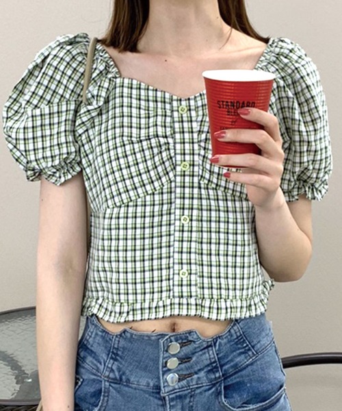 SPIGA(スピーガ)の「キャンディスリーブチェック柄ブラウス(シャツ/ブラウス・レディース・ベージュ/ブルー/グリーン・FREE)」の5枚目の写真