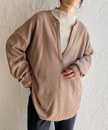 深Vネックサーマルワッフルプルオーバー長袖ロングTシャツ