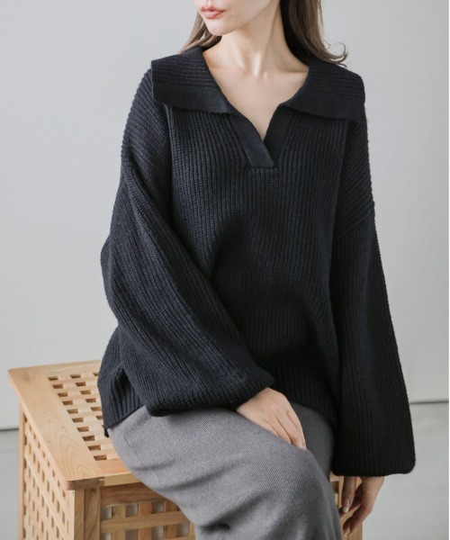 SUGAR BISKET(シュガービスケット)の「襟付きハイゲージニットトップス(ニット/セーター・レディース・ベージュ/ブラック/ブラウン/アイボリー・フリー)」の2枚目の写真