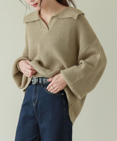 SUGAR BISKET(シュガービスケット)の「襟付きハイゲージニットトップス(ニット/セーター・レディース・ベージュ/ブラック/ブラウン/アイボリー・フリー)」の9枚目の写真