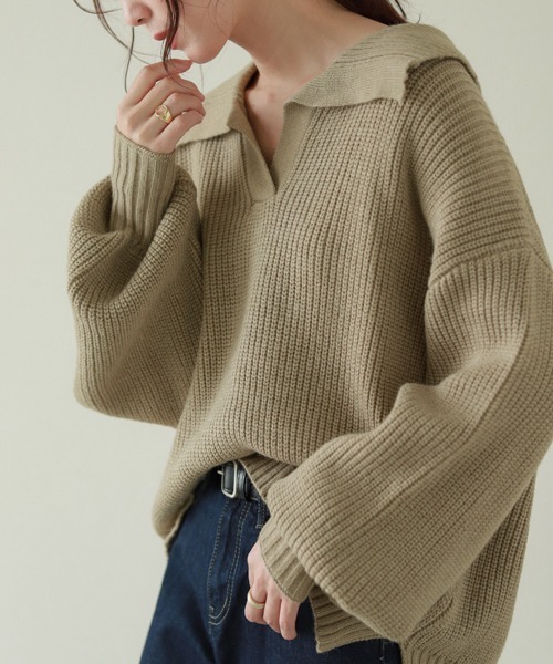 SUGAR BISKET(シュガービスケット)の「襟付きハイゲージニットトップス(ニット/セーター・レディース・ベージュ/ブラック/ブラウン/アイボリー・フリー)」の16枚目の写真