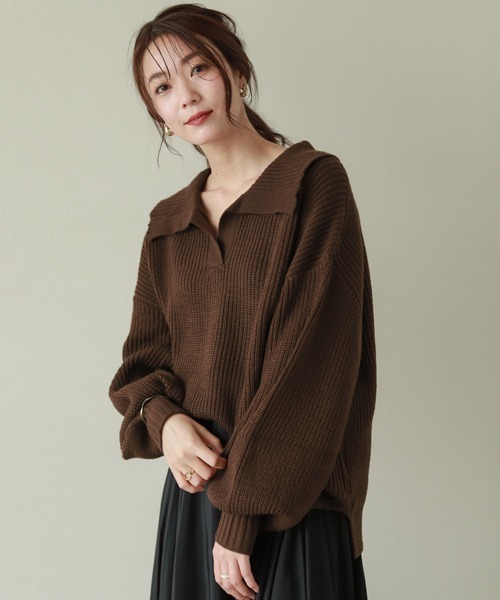 SUGAR BISKET(シュガービスケット)の「襟付きハイゲージニットトップス(ニット/セーター・レディース・ベージュ/ブラック/ブラウン/アイボリー・フリー)」の8枚目の写真