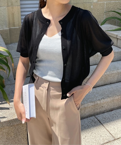 Meli rich（メリーリッチ）の「前後2way。シアーボリュームスリーブカーディガン（カーディガン/ボレロ・レディース・ブラック/オレンジ/グリーン/アイボリー・FREE）」の5枚目の写真