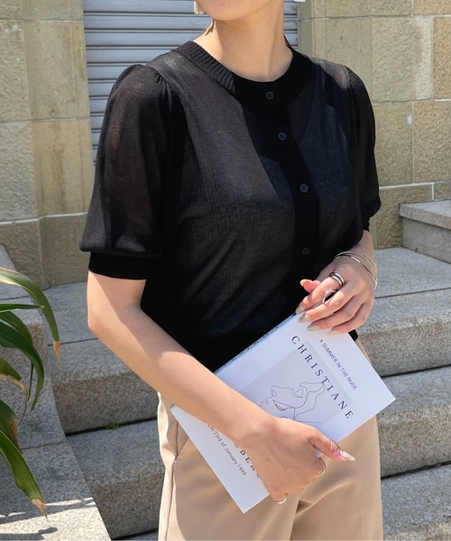 Meli rich（メリーリッチ）の「前後2way。シアーボリュームスリーブカーディガン（カーディガン/ボレロ・レディース・ブラック/オレンジ/グリーン/アイボリー・FREE）」の14枚目の写真