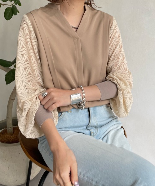 DouDou（ドゥドゥ）の「AW袖レーススキッパーブラウス（シャツ/ブラウス・レディース・ベージュ/ブラック/オフホワイト・FREE）」の14枚目の写真