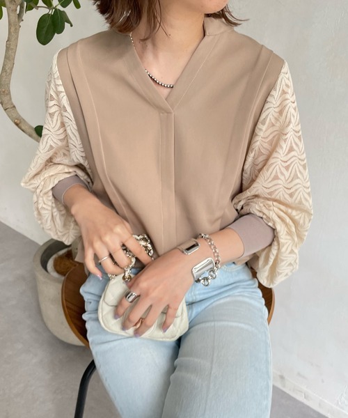 DouDou（ドゥドゥ）の「AW袖レーススキッパーブラウス（シャツ/ブラウス・レディース・ベージュ/ブラック/オフホワイト・FREE）」の5枚目の写真