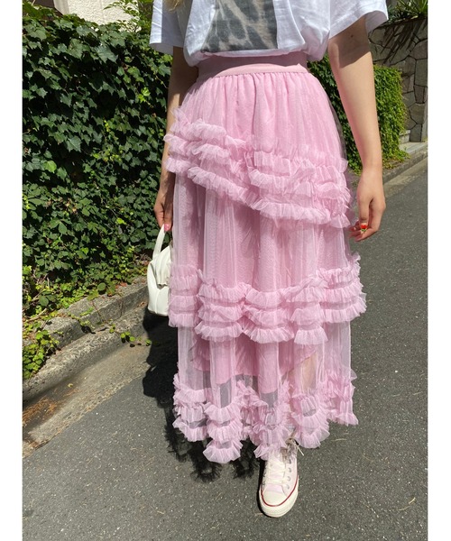 WC(ダブル シー)の「チュールフリルロングスカート(スカート・レディース・ピンク/グリーン/アイボリー/ブラック・FREE)」の6枚目の写真