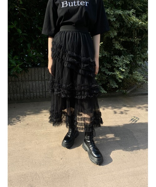 ブラックチュールフリルロングスカート リエディ Re:EDIT [低身長サイズ有]チュールフリルティアード
