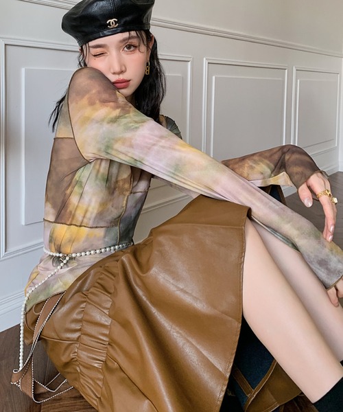 meJane（ミージェーン）の「むら染めパッチワークシアーロングTシャツ【ZOZOTOWN限定】（Tシャツ/カットソー・レディース・ブラウン系・FREE）」の5枚目の写真