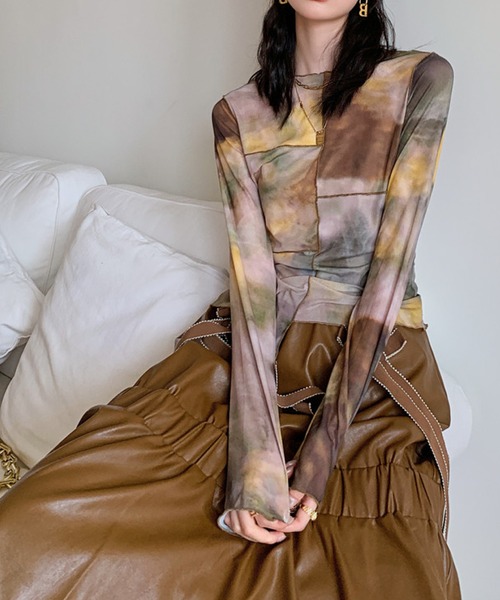 meJane（ミージェーン）の「むら染めパッチワークシアーロングTシャツ【ZOZOTOWN限定】（Tシャツ/カットソー・レディース・ブラウン系・FREE）」の8枚目の写真