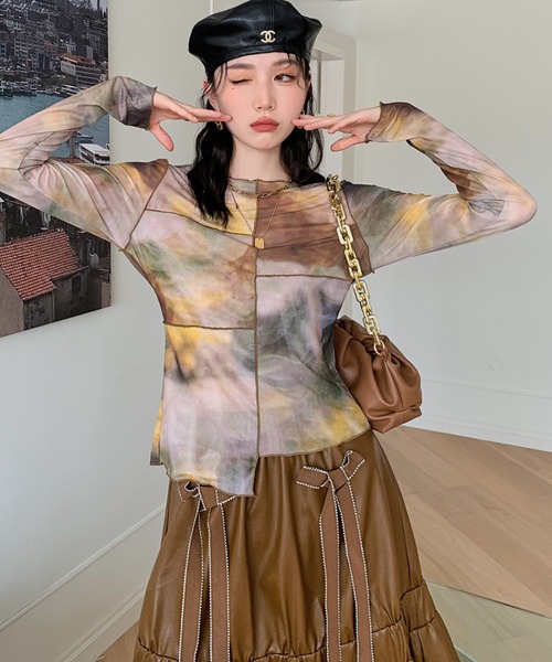 meJane（ミージェーン）の「むら染めパッチワークシアーロングTシャツ【ZOZOTOWN限定】（Tシャツ/カットソー・レディース・ブラウン系・FREE）」の2枚目の写真