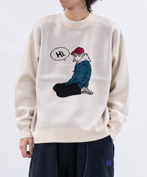 Red Cap Girl（レッドキャプガール）の「【a-r】〔RedCapGirl/レッドキャップガール〕ジャガードイラスト クルーネックニット（ニット/セーター・メンズ・ホワイト/グリーン/イエロー/ブラック/チャコールグレー・MEDIUM/LARGE）」の2枚目の写真