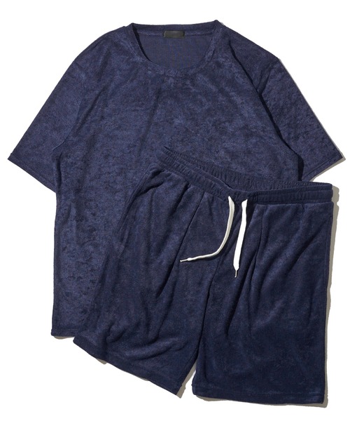 ADPOSION(アドポーション)の「【上下2点セット】ソフトパイル ルームウェア 半袖Tシャツ&ハーフパンツ(ルームウェア/パジャマ・メンズ・チャコールグレー/ブラック/ネイビー/ホワイト×ネイビー・MEDIUM/LARGE/X-LARGE)」の4枚目の写真