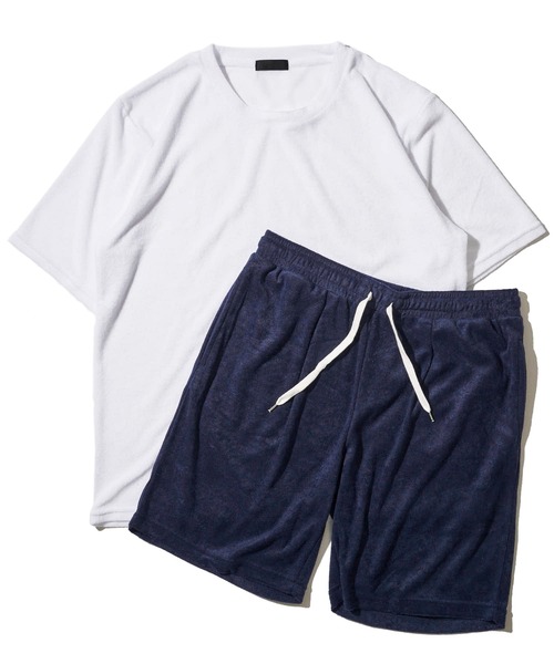 ADPOSION(アドポーション)の「【上下2点セット】ソフトパイル ルームウェア 半袖Tシャツ&ハーフパンツ(ルームウェア/パジャマ・メンズ・チャコールグレー/ブラック/ネイビー/ホワイト×ネイビー・MEDIUM/LARGE/X-LARGE)」の2枚目の写真