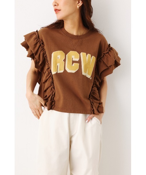 RODEO CROWNS WIDE BOWL（ロデオクラウンズワイドボウル）の「フリルスリーブSWトップス（Tシャツ/カットソー・レディース・ブラウン/グレー×ホワイト/レッド・FREE）」の3枚目の写真
