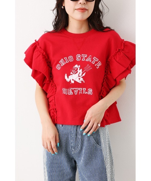 RODEO CROWNS WIDE BOWL（ロデオクラウンズワイドボウル）の「フリルスリーブSWトップス（Tシャツ/カットソー・レディース・ブラウン/グレー×ホワイト/レッド・FREE）」の17枚目の写真