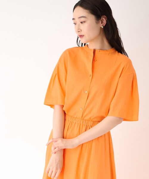 セットアップ対応フレンチリネン混バンドカラーシャツ【洗濯機洗い可】