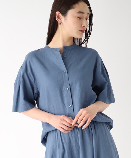 セットアップ対応フレンチリネン混バンドカラーシャツ【洗濯機洗い可】