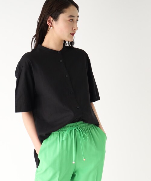 セットアップ対応フレンチリネン混バンドカラーシャツ【洗濯機洗い可】