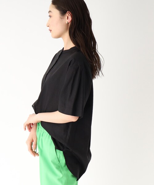 セットアップ対応フレンチリネン混バンドカラーシャツ【洗濯機洗い可】