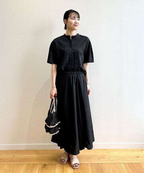 セットアップ対応フレンチリネン混バンドカラーシャツ【洗濯機洗い可】