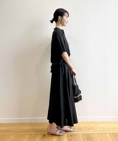 セットアップ対応フレンチリネン混バンドカラーシャツ【洗濯機洗い可】