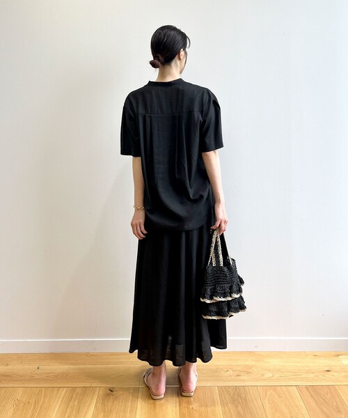 セットアップ対応フレンチリネン混バンドカラーシャツ【洗濯機洗い可】