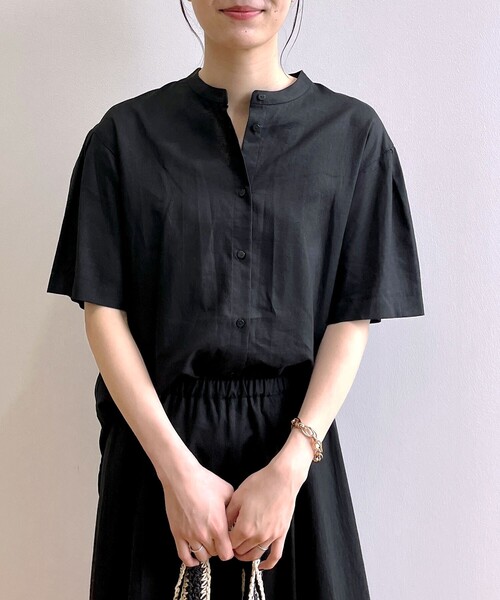 セットアップ対応フレンチリネン混バンドカラーシャツ【洗濯機洗い可】