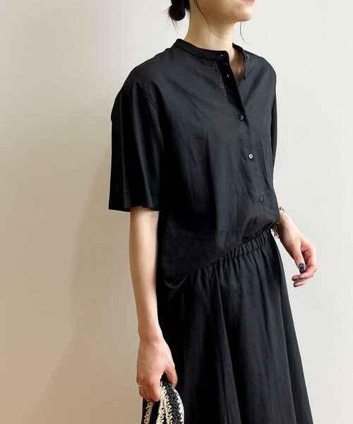 セットアップ対応フレンチリネン混バンドカラーシャツ【洗濯機洗い可】