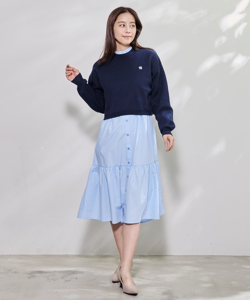 セール】クロップド ニット × シャツ ワンピース レイヤード