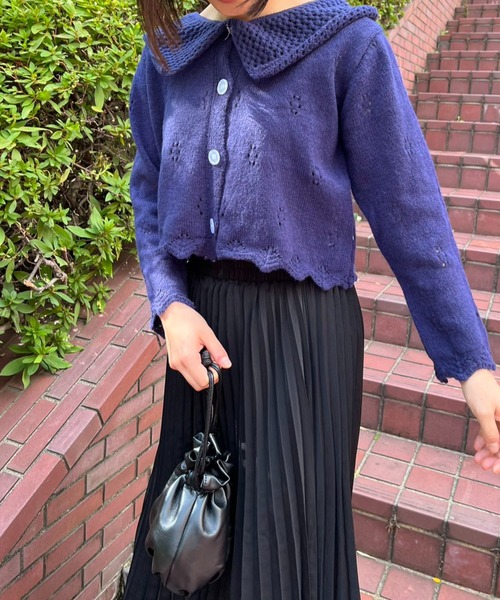 襟付き透かし編みニットカーディガン（カーディガン/ボレロ