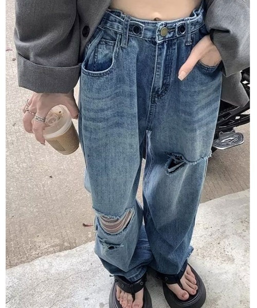 kirakiraShop(キラキラショップ)の「セミワイドクラッシュデニムパンツ(デニムパンツ・レディース・ブラック/ブルー・M/L/S)」の6枚目の写真