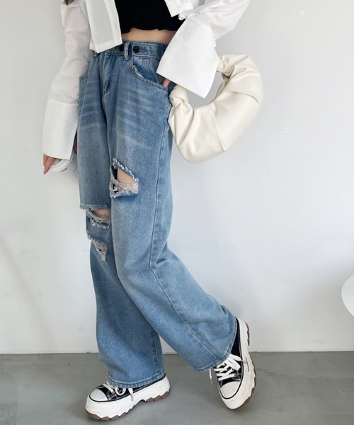 kirakiraShop(キラキラショップ)の「セミワイドクラッシュデニムパンツ(デニムパンツ・レディース・ブラック/ブルー・M/L/S)」の14枚目の写真
