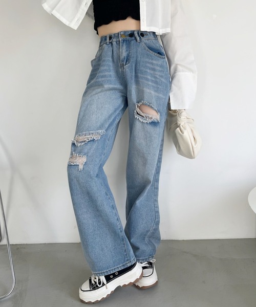 kirakiraShop(キラキラショップ)の「セミワイドクラッシュデニムパンツ(デニムパンツ・レディース・ブラック/ブルー・M/L/S)」の13枚目の写真