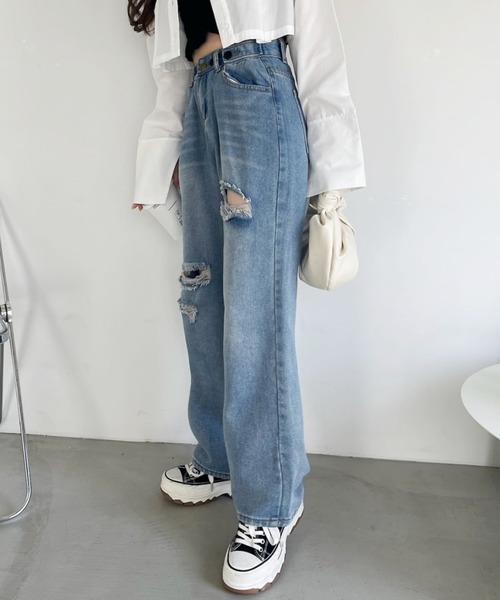 kirakiraShop(キラキラショップ)の「セミワイドクラッシュデニムパンツ(デニムパンツ・レディース・ブラック/ブルー・M/L/S)」の17枚目の写真