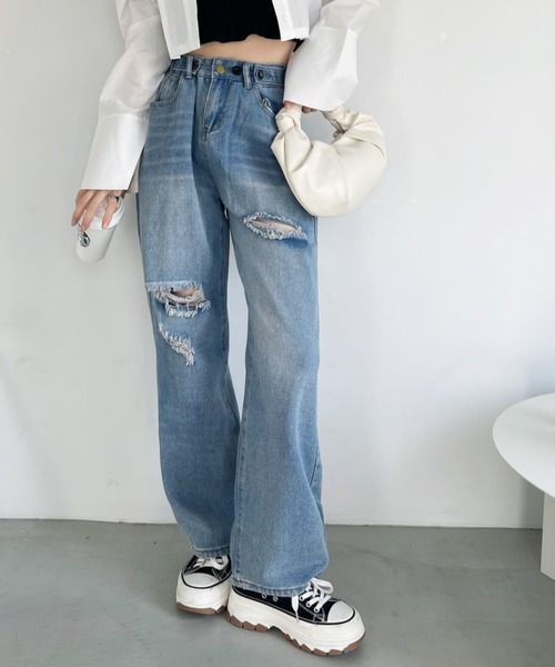 kirakiraShop(キラキラショップ)の「セミワイドクラッシュデニムパンツ(デニムパンツ・レディース・ブラック/ブルー・M/L/S)」の15枚目の写真