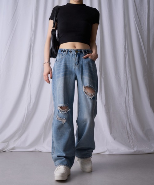 kirakiraShop(キラキラショップ)の「セミワイドクラッシュデニムパンツ(デニムパンツ・レディース・ブラック/ブルー・M/L/S)」の20枚目の写真