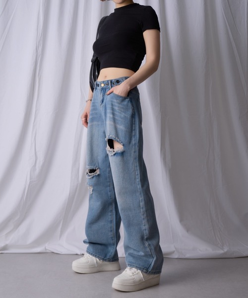 kirakiraShop(キラキラショップ)の「セミワイドクラッシュデニムパンツ(デニムパンツ・レディース・ブラック/ブルー・M/L/S)」の21枚目の写真