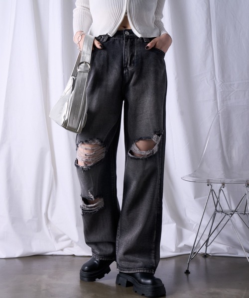 セール】セミワイドクラッシュデニムパンツ（デニムパンツ