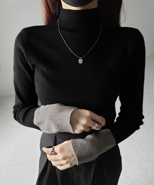 me+em select(ミームセレクト)の「【 2color 】袖配色バイカラープチハイネックリブニットトップス(ニット/セーター・レディース・ブラック/グレー・FREE)」の17枚目の写真