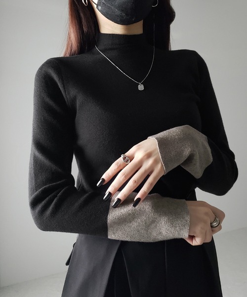 me+em select(ミームセレクト)の「【 2color 】袖配色バイカラープチハイネックリブニットトップス(ニット/セーター・レディース・ブラック/グレー・FREE)」の20枚目の写真