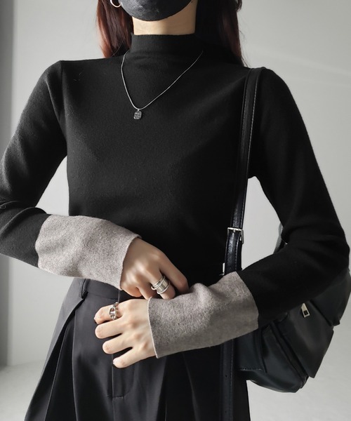me+em select(ミームセレクト)の「【 2color 】袖配色バイカラープチハイネックリブニットトップス(ニット/セーター・レディース・ブラック/グレー・FREE)」の19枚目の写真