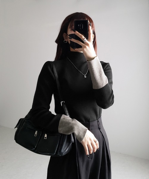 me+em select(ミームセレクト)の「【 2color 】袖配色バイカラープチハイネックリブニットトップス(ニット/セーター・レディース・ブラック/グレー・FREE)」の21枚目の写真
