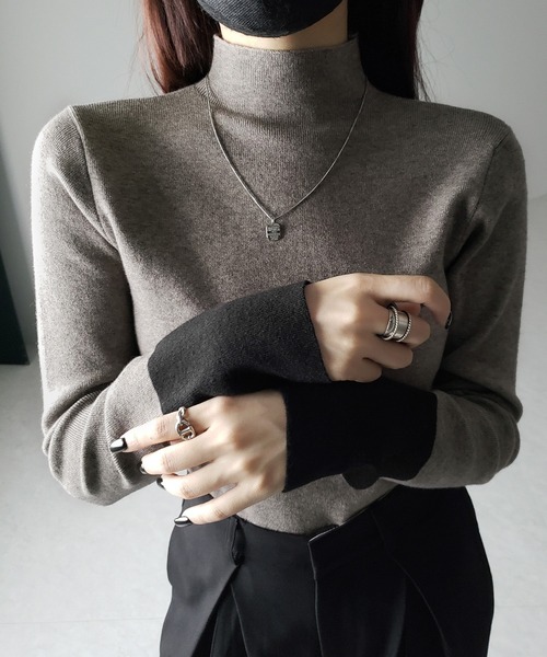 me+em select(ミームセレクト)の「【 2color 】袖配色バイカラープチハイネックリブニットトップス(ニット/セーター・レディース・ブラック/グレー・FREE)」の7枚目の写真