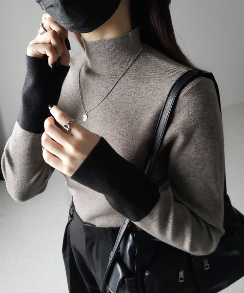 me+em select(ミームセレクト)の「【 2color 】袖配色バイカラープチハイネックリブニットトップス(ニット/セーター・レディース・ブラック/グレー・FREE)」の8枚目の写真