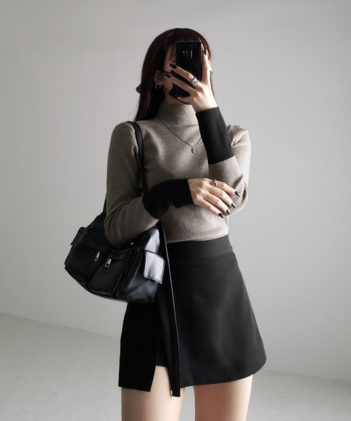 me+em select(ミームセレクト)の「【 2color 】袖配色バイカラープチハイネックリブニットトップス(ニット/セーター・レディース・ブラック/グレー・FREE)」の13枚目の写真