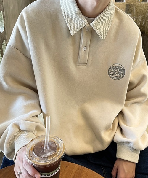 B.R.U(ブル)の「ワンポイント刺繍襟付きスウェット / 異素材襟切替ポロスウェット(スウェット・メンズ・ブラック/チャコールグレー/ベージュ・FREE)」の13枚目の写真